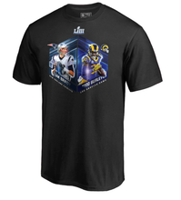 Load image into Gallery viewer, Men&#39;s Los Angeles Rams vs. New England Patriots NFL Pro Line by Fanatics Branded Black Super Bowl LIII Bound Dueling Audible Player Graphic T-Shirt